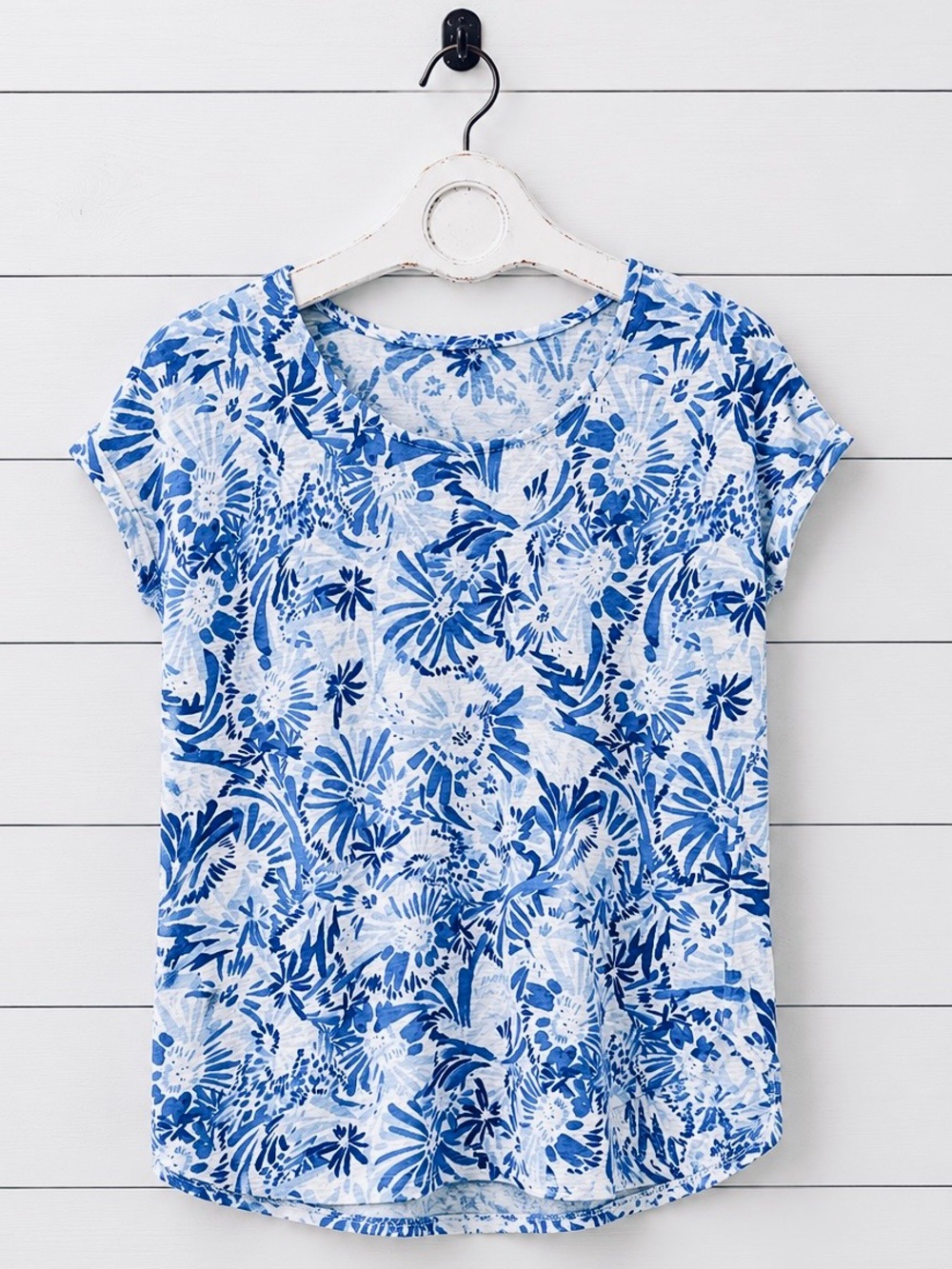 Joie Blue & White Floral Short Sleeve Linen Tee